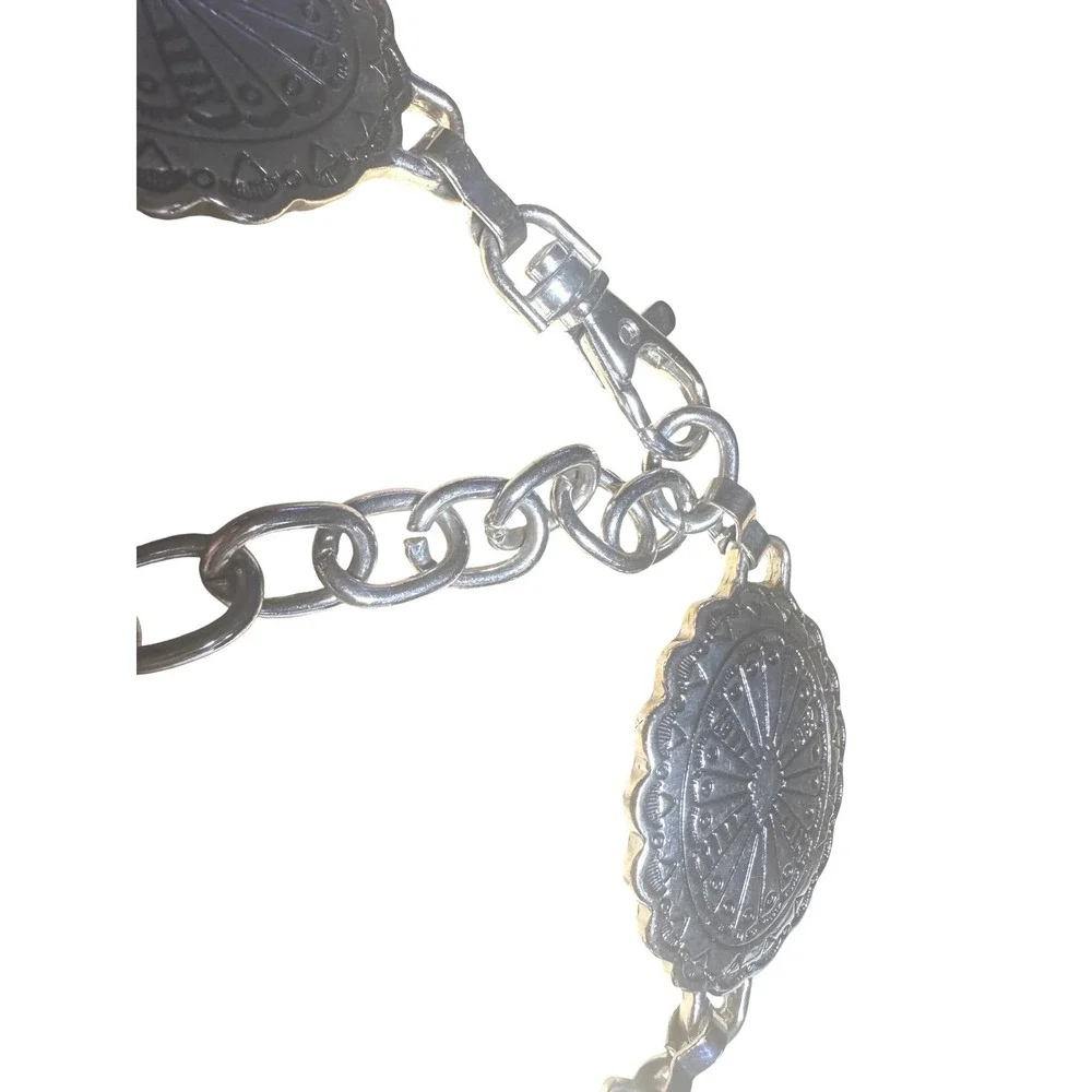 Womens Western Silver Tone Metal Conchos Black Cord Adjustable Chain Belt EUC